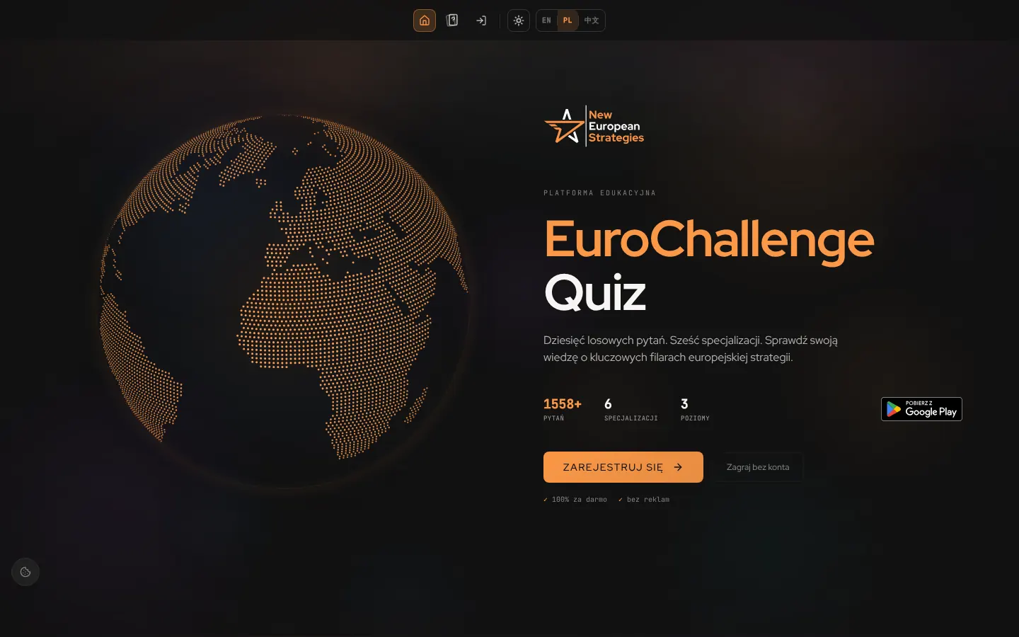 Ekran startowy EuroChallenge Quiz z globusem i liczbą pytań